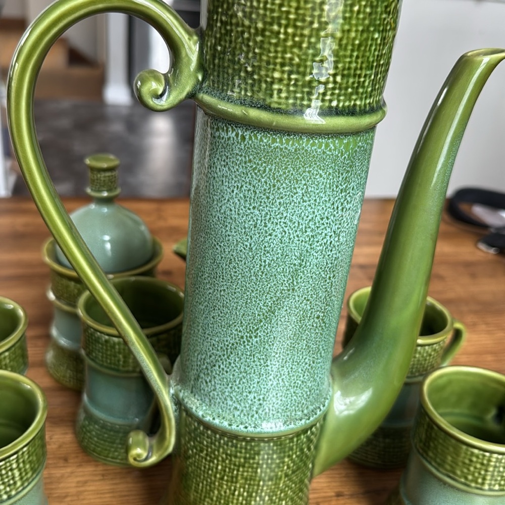 Vintage MCM Green Ceramic Coffee Set | Carafe 16 1/2 tall by 8 1/2 wide - Picture 7 of 17